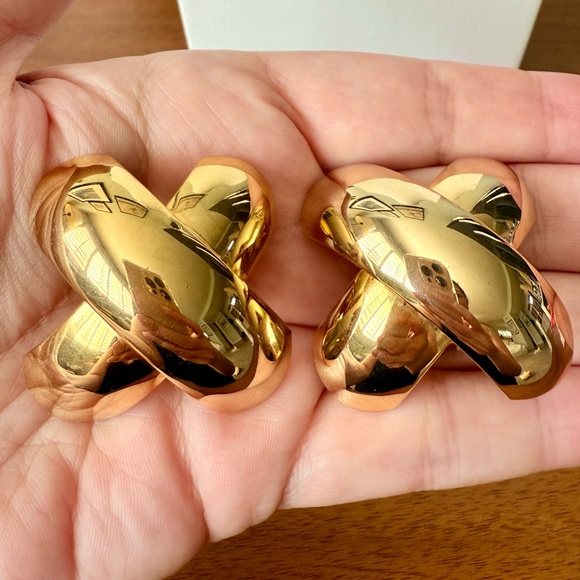 Huge Norma Jean Gold Tone Modernist “X” Statement Clip On Earrings 80’s 90’s - Picture 6 of 10